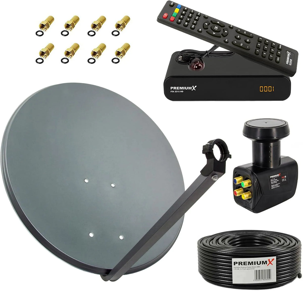 Satellitenreceiver, 60cm, Premium 50m, Premium x Satelliten-Komplettanlage 60cm Satellitenschüssel ALU Anthrazit SAT Quad LNB 50m Kabel FullHD TV