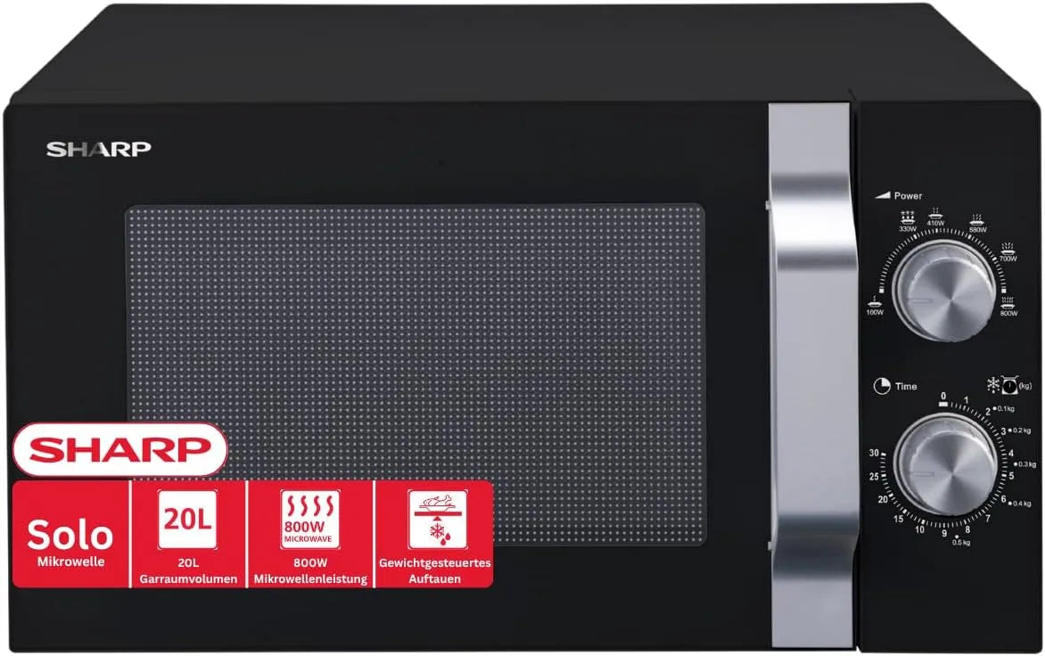 Sharp R204BA Mikrowelle, 20 L, 800 W, Timer, Mikrowellenofen, Schwarz, 6 Leistungsstufen, Sharp R204BA Solo-Mikrowelle