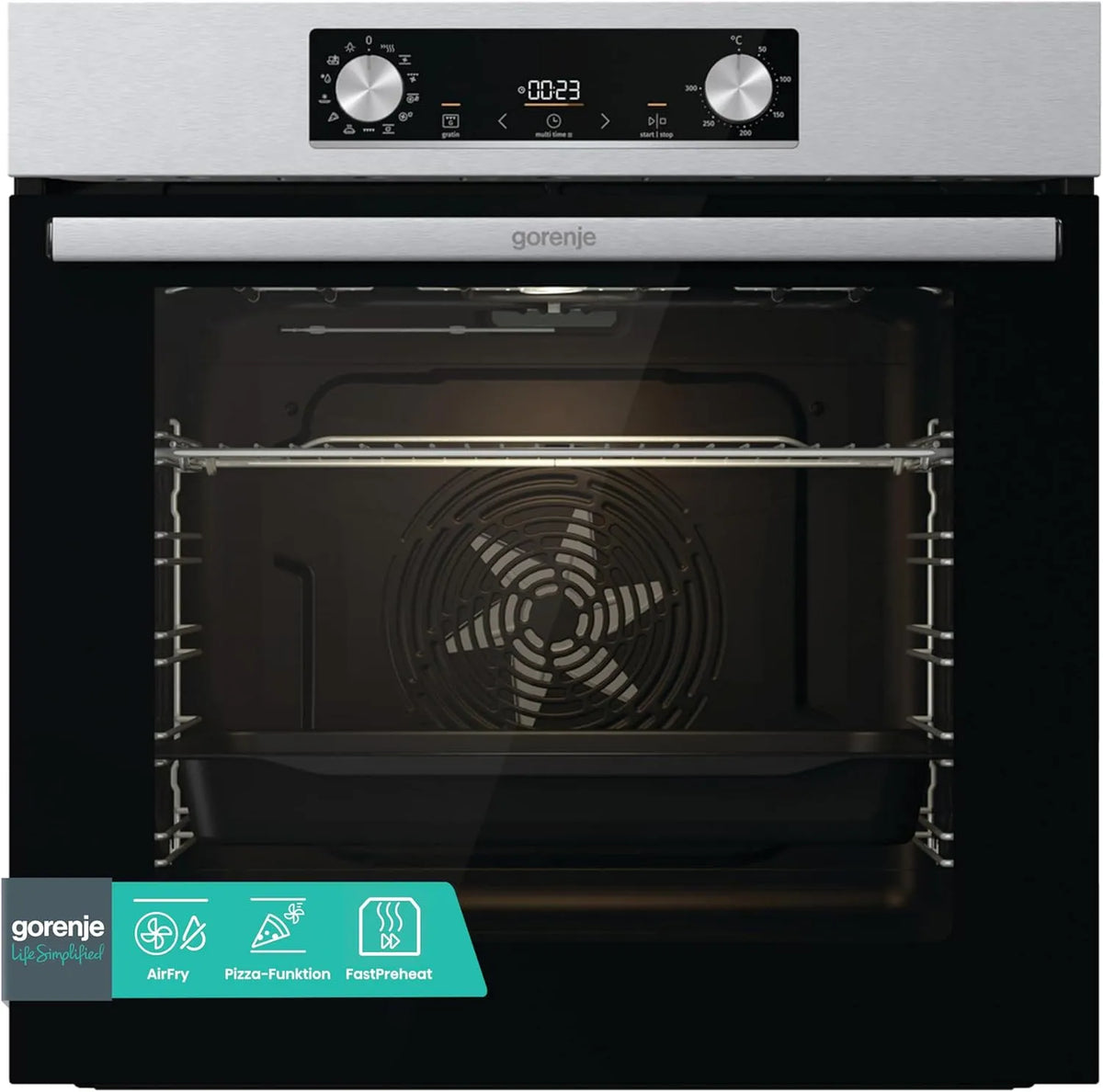 Gorenje E02x Elektrischer Pizzaofen, 77 L, Einbau, Grill, Edelstahl, Inox, PerfectGrill, 77L, Pizzamode 300°C, ExtraSteam, AquaClean, Heißluft
