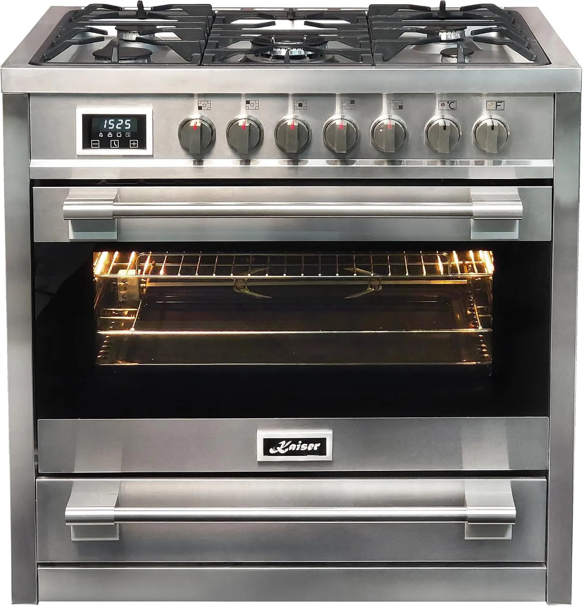 Gasherd mit Elektrobackofen, 90 cm, 115 L, freistehend, Gusseisen, Edelstahl, Kaiser Gasherd 90 cm HGE 93505 R Turbo Freistehender Gas-Standherd mit