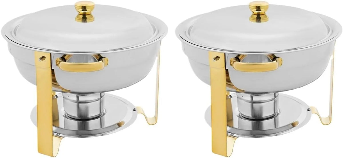 Chafing Dish Warmhaltebehälter, Edelstahl, 5-Liter-Behälter Mit Goldfarbenen Beinen, Runde 4, Set Bestehend Aus 2 Chafing Dishes, Speisewärmer
