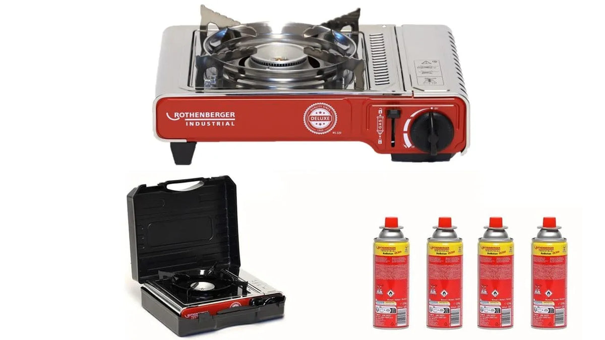 Campingkocher, Industrie, 4 Gaskartuschen, ROTHENBERGER Industrial Campingkocher Deluxe inkl. 4 Gaskartuschen