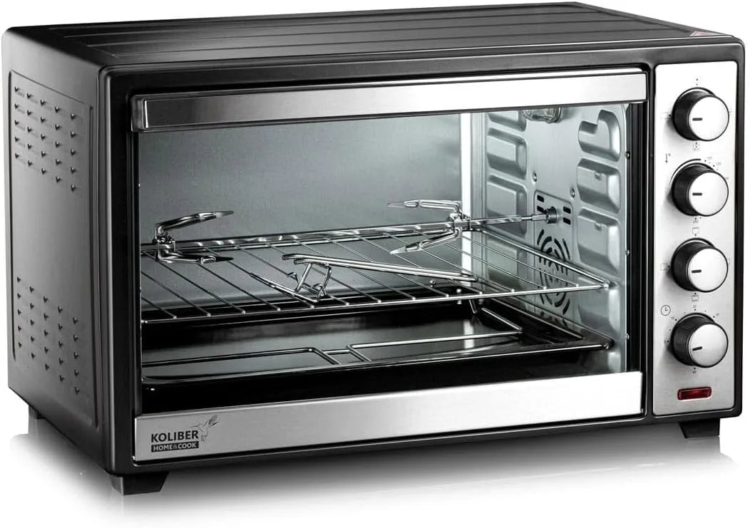 Elektrischer Pizzaofen, 48 L, 3000/2000 W, Koliber, Timer, Edelstahl, Schwarz, Koliber SUPERMAx x 3000W Backofen 48L Umluft Drehspieß Familienofen