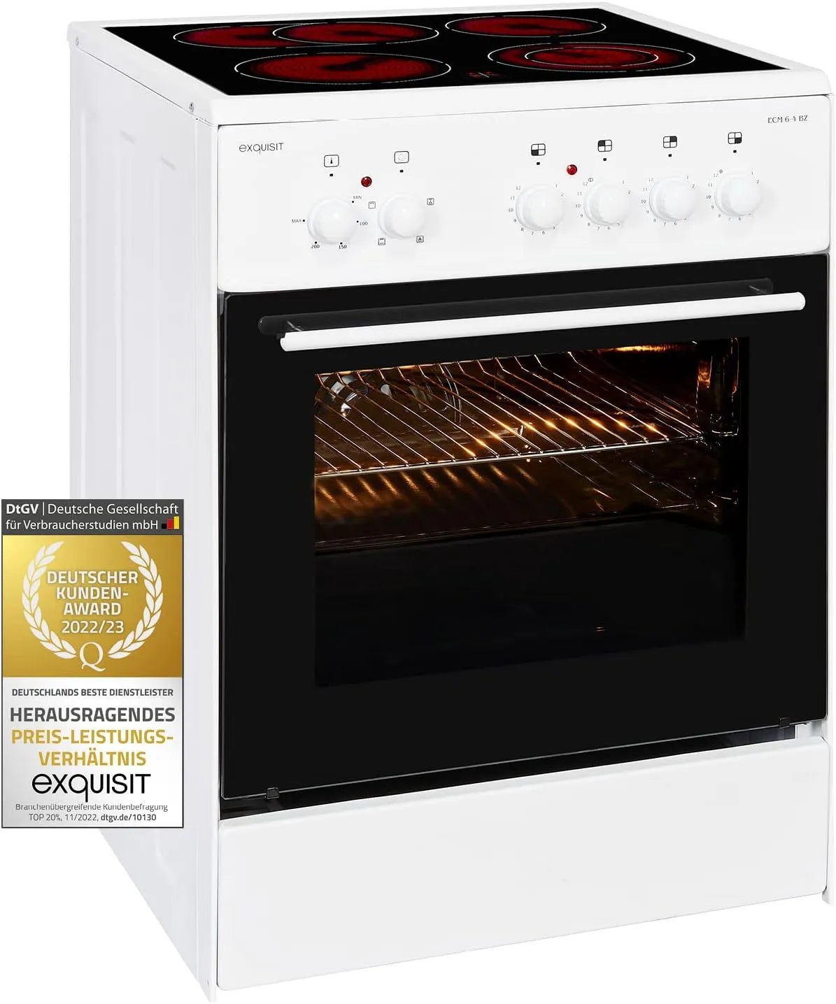 Exquisit Standherd mit Backofen, 60 cm, 61 L, Energieklasse A, freistehend, Weiß, 2-Kreis-Bräterzone, Umluft