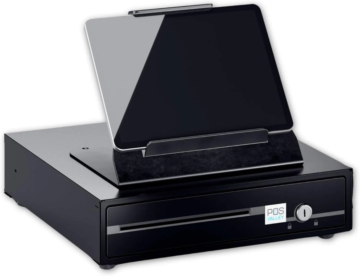 Modell RJ11-12, mit Universal-Tablethalter 8-13 Zoll, 5 Münzfächern, Manuell Öffnen - 4 Geldscheinfächern, 33x37cm, Kassenschublade - Automatic