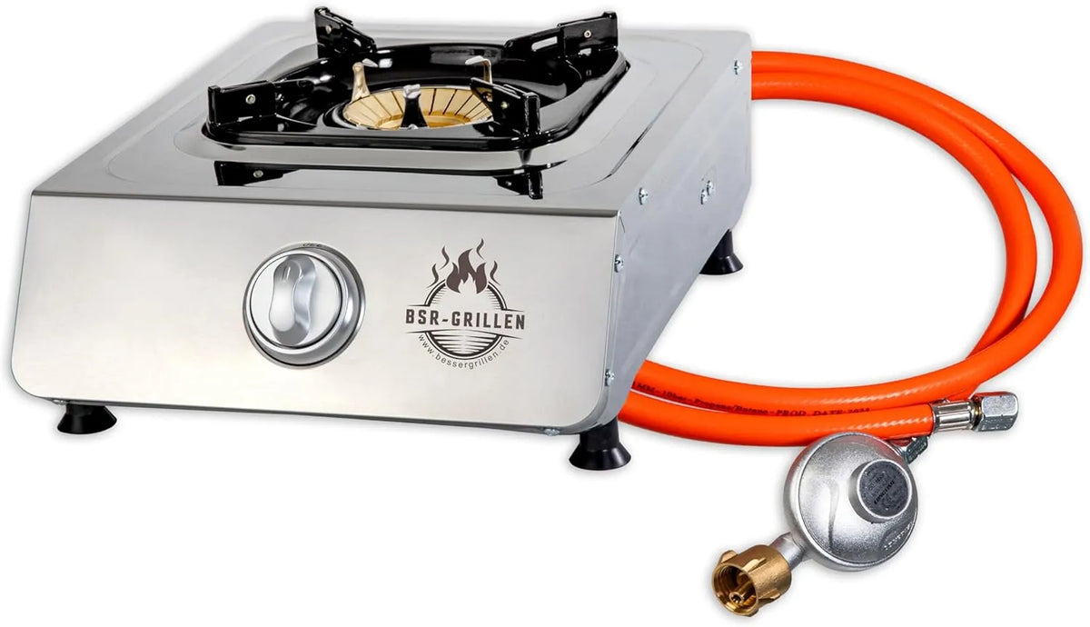 Campingkocher 1-flammig, 150 cm, Edelstahl, Druckminderer 50 mbar, 5 kW Leistung, Piezozündung, Zündsicherung, Pfannenständer aus Emaille